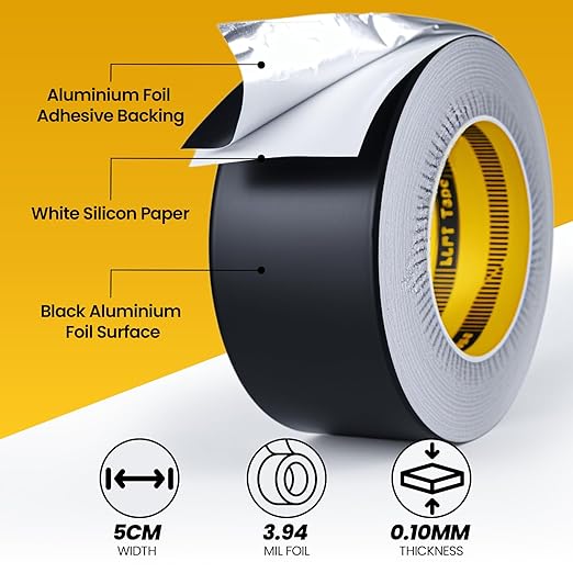 LLPT Aluminum Black Foil Tape 2 Inches x 65 Feet 3.94 Mil Heavy Duty Adhesive HVAC Sealing Hot Cold Air Duct Tape for Pipe Metal Repair (BF065)