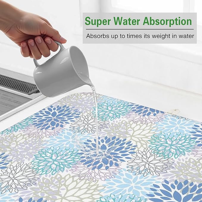 Dish Drying Mat Drainer Pads - Extra Large Microfiber Drying Mats for Dishes Kitchen Counter Super Absorbent Pads for Draining Racks (Blue,16"x18" )