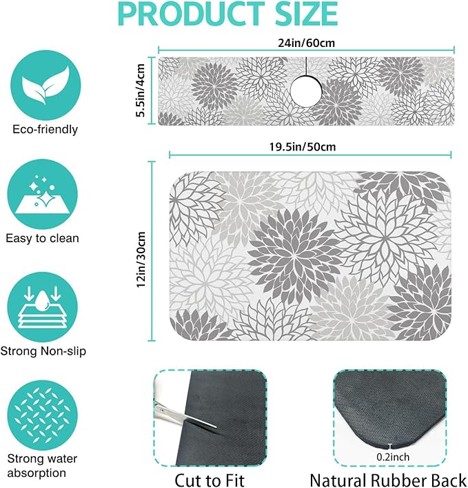 Dish Drying Mat for Kitchen Counter Matt, 2PCS 19"x12" Dish Drainer Mat & 24"x5.5" Sink Splash Guard, Super Absorbent Non-slip Rubber Backed