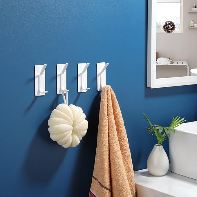 YIGII Towel Hooks/Adhesive Hooks - Heavy Duty Wall Hooks Stainless Steel Robe/Coat Towel Hooks for Bathroom and Bedroom, White 4-Packs