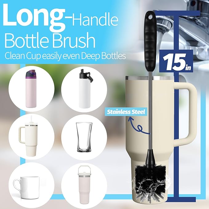 Bottle Brush Set 4 Pack - 15 Inch Long Handle Bottle Brush Cleaner with Stainless Steel Shaft, Straw Cleaner Brush and Lid Brush for Bottles, Thermos, Glasswares, Mugs, Cups, Tumblers