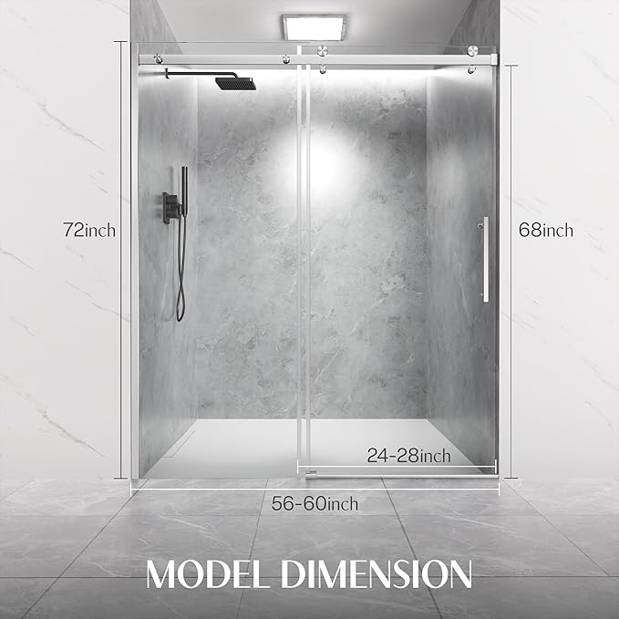Shower Door Frameless 56-60'' W x 72'' H, Sliding Glass Door, 5/16 inch (8mm) Thickness Clear Tempered Glass for Walk-in Shower, Brushed Nickel