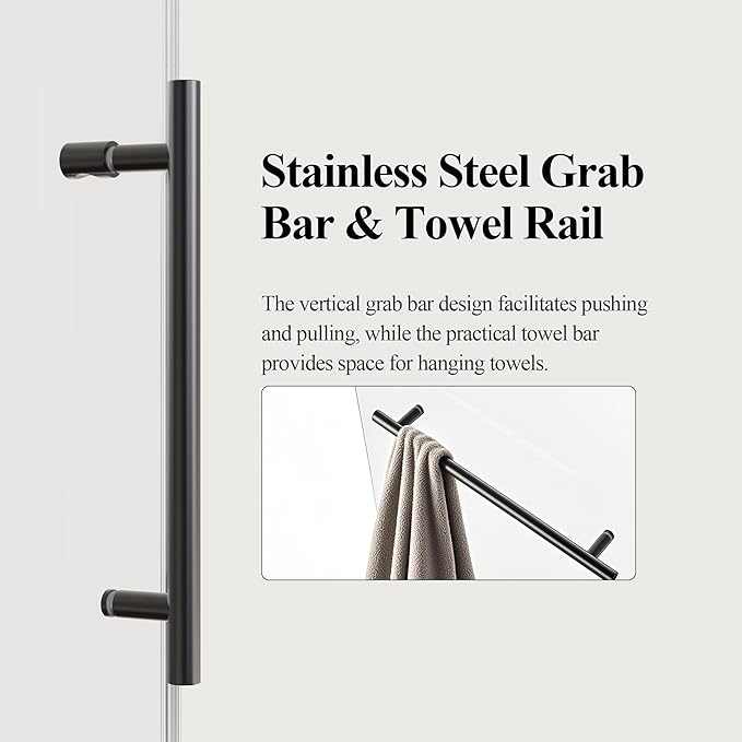 46-48" W x 76" H Frameless Sliding Shower Door, Safety Bathroom Single Sliding Glass Doors with 5/16" (8mm) SGCC Tempered Glass, Stainless Steel Towel Rail and Auxiliary Handle, Matte Black