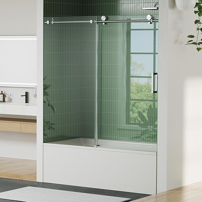 Frameless Sliding Shower Door, 59" Width x 60" Height, 6mm (1/4") SGCC Tempered Clear Glass with Easy-to-Clean Coating, Brushed Nickel Round Rail