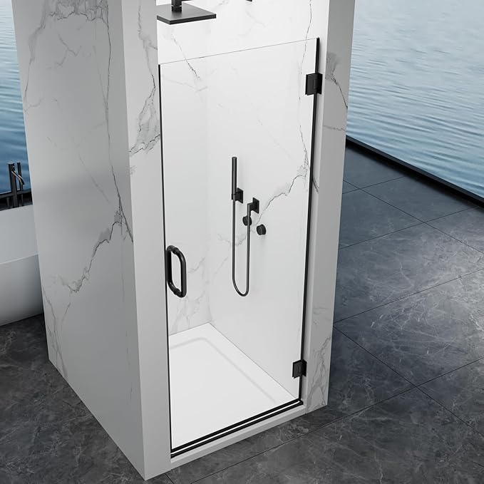 Hinged Shower Door, 32" W x 76" H Single Swing Pivot Framelss Shower Door, 3/8" (10mm) Tempered Glass with Nano Coating, Stainless Handle, Glass Door for Walk-in Shower - Matte Black