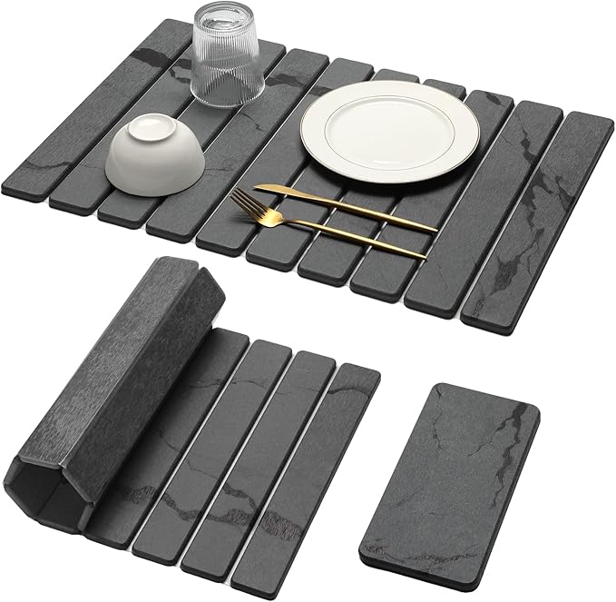 Large Stone Dish Drying Mat for Kitchen Counter, 2PCS Quick Dry Stone Dishes Mat,Foldable Water Absorbing Diatomaceous Drying Organizer Pad for Plate Rack Bottles Utensils(Dark Gray 24"×16" & 8"x4")