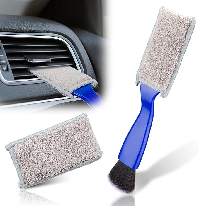 Double Head Brush for Car Clean, 2 in 1 Car Detailing Brush, Double Ended Portable Dust Brush with 2 Cleaning Cloth, Universal Dust Removal Brush for Air Conditioner Outlets, Dashboard Screen (Blue)