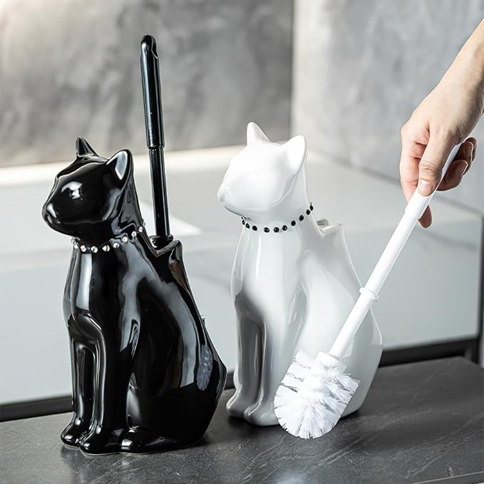 Cat Toilet Brush Holder - Ceramic Whimsical Feline Design with Wide-Mouth Storage, Black Toilet Bowl Brush and Holder Set Cute for Bathroom Ground, Easy-Clean Cat Lover Gift (Black)