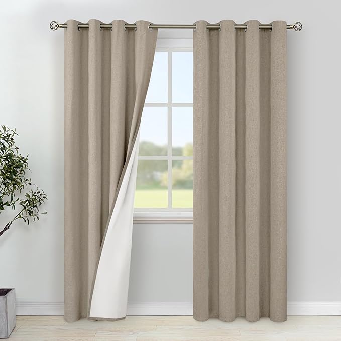 YoungsTex Taupe Linen 100% Blackout Curtains for Bedroom 80 Inches Long, Tan Thermal Insulated Drapes with Grommet Room Darkening for Living Room, 2 Panels, 52 X 80 Inch