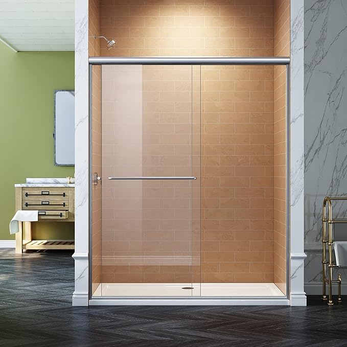 SUNNY SHOWER Semi-Frameless Shower Doors 1/4" (6mm) Glass Sliding Shower Enclosure 54" W x 72" H Shower Glass Door Brushed Nickel Finish