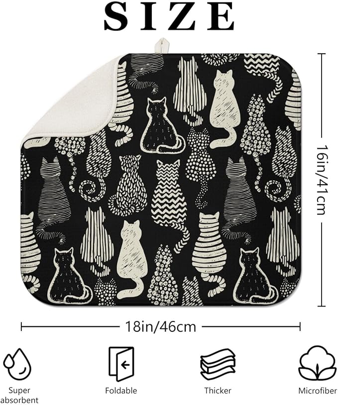 Cat Dish Drying Mat for Kitchen Countertops, Black Farmhouse Style Microfiber Drying Mat, Washable and Absorbent Kitchen Countertop Dish Drainer, 16x18 Inch