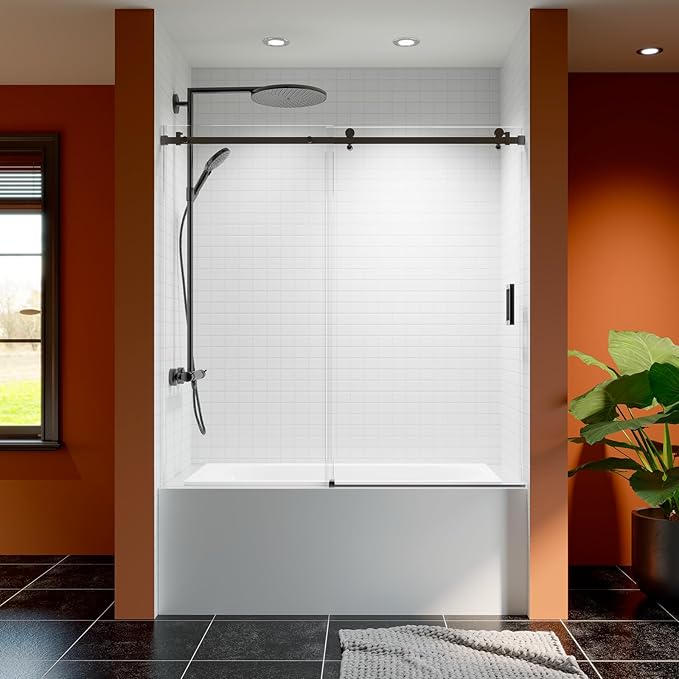 56-60 Inch Frameless Sliding Shower Door, 60" Height, 5/16" (8mm) Clear Tempered Glass Bathtub Door, Smooth Gliding Track & Anti-Jumping System, Stainless Steel Matte Black Finish