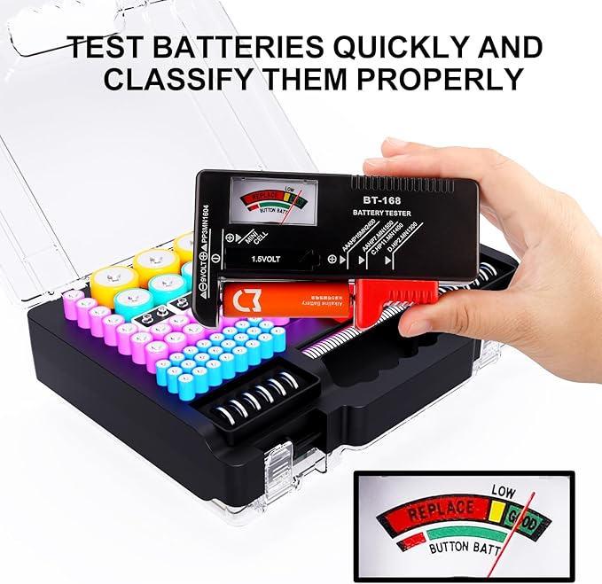 Battery Organizer Storage Case with Tester, Ultra-Large 265+ Double-Sided Batteries Container with Handle, Holds AA AAA 4A 23A C D Cell 3V 9V Lithium CR3 4LR44 CR123A 18650 (Black)