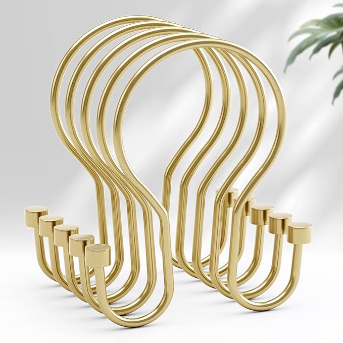 AmazerBath Shower Curtain Hooks, Shower Curtain Rings with Cylindrical Design, Light Gold Shower Curtain Hooks Rust Proof, Metal Double Hook Shower Hooks for Shower Curtain