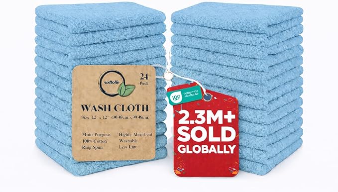 Softolle 100% Cotton Washcloths 24 Pack (12x12 Inches) Soft, Highly Absorbent Washcloth, Face Towels, Wash Cloths for Face, Ring Spun, Bulk Pack (Sky Blue)