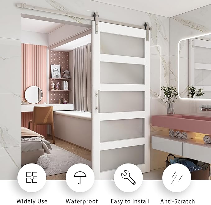 BARNSMITH 36in x 84in 5-Panel Glass Barn Door with 6.6FT Brushed Nickle Sliding Door Hardware Included & Handle, Frosted Glass Solid Wood Water-Proof PVC Surface,Pre-Drilled Easy Assembly,White