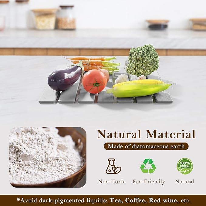 Stone Dish Drying Mats for Kitchen Counter,15.5“x 11.8”,Eco-Friendly,Foldable quick dry stone mat kitchen,Absorbent Diatomaceous Earth Mats for Dishes Bottles Cups Bathroom Any Countertop-Light Gray