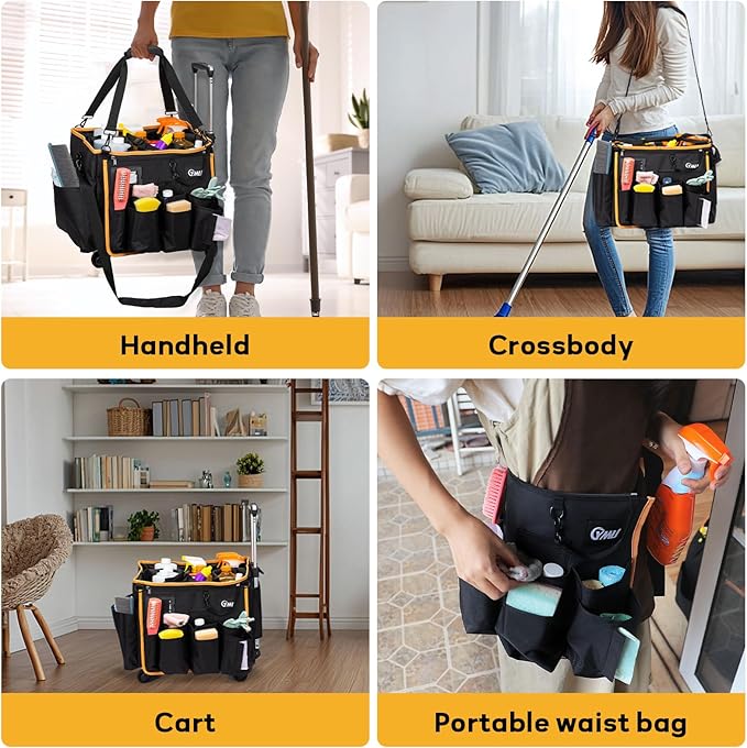 YMU Large Rolling Cleaning Caddy Bag With Detachable Trolley, 4 in 1 Portable Cart for Housekeeping With Swivel Caster & Shoulder Strap, Waterproof Supplies Organizer