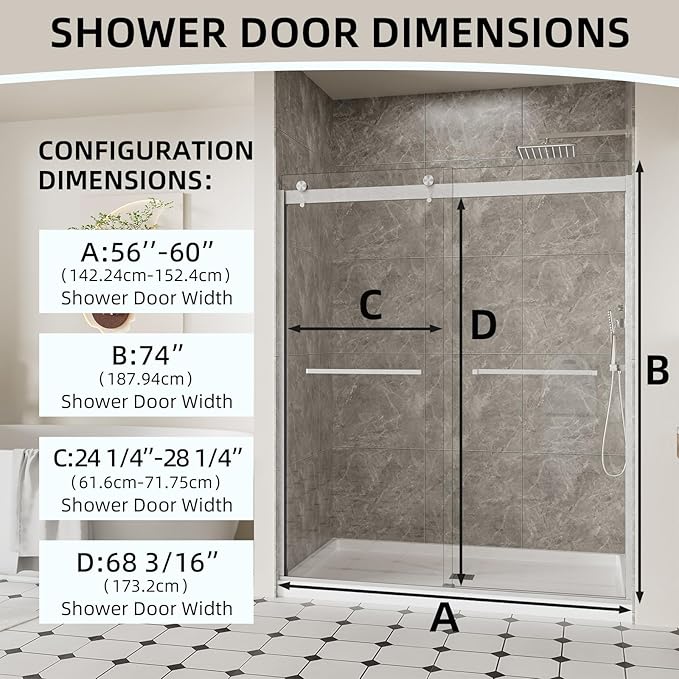56-60" W x 74" H Frameless Shower Door, Double Sliding Shower Door with 5/16" (8mm) Clear SGCC Tempered Glass, Brushed Nickel Finish Shower Doors, Reversible Installation
