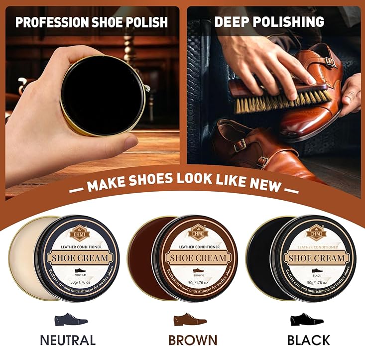 CHMI 16PCS Leather Shoe Polish Kit,Shoe Shine Kit with Black/Brown Shoe Polish,Shoe Bruhses for Leather Boot Care and Cleaning,Shoe Shine Gifts for Men