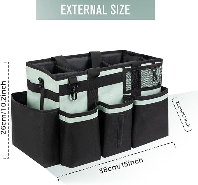 Wearable Cleaning Caddy, Cleaning Caddy Supplies Organizer with Handle & Shoulder Straps for Housekeepers, Under Sink & Car Cleaning Tool Organizers Bag with 4 Foldable Divider (Celadon)