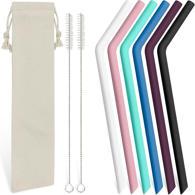 6 Pcs Bent Silicone Drinking Straw Set – Multi-Color, Washable, Reusable Silicone Straws with 2 Cleaning Brushes, 1 Portable Bag, for 20oz and 30oz Drinks, Smoothies, and Coffee (8mm Dia)