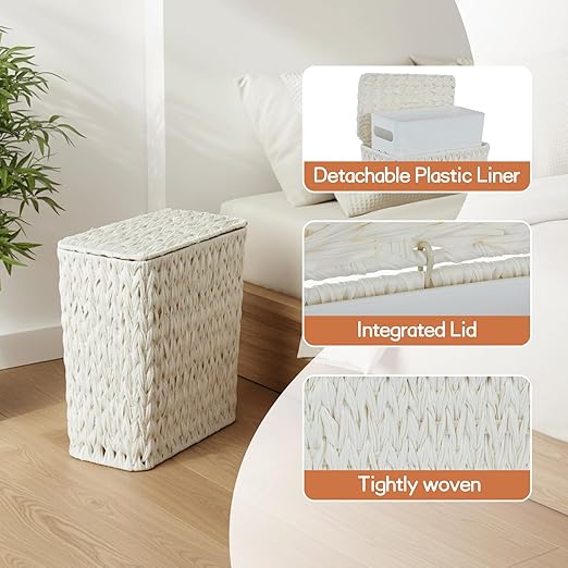 Wicker Trash Can with Lid and Liner,Boho Decotative Small Bathroom Trash Cans,Waterproof Slim Waste Basket for Bedroom,Home Office,3 Gallon Cream White