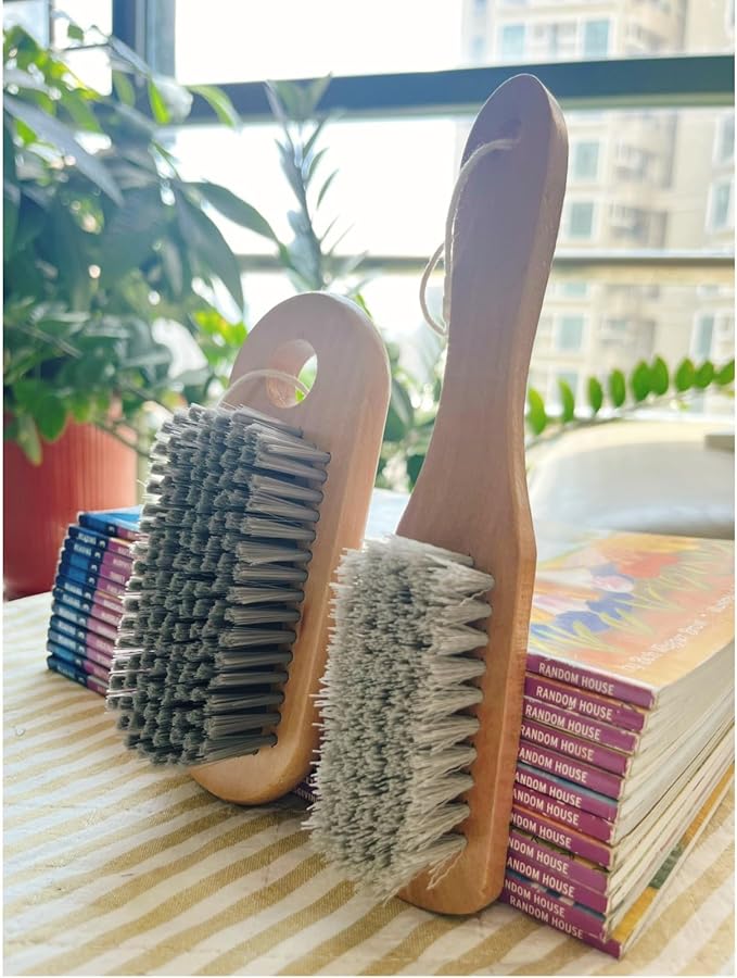 2 Pcs Long Handle Wood Laundry Brush for Shoe, Clothing Stain Remover Scrubber, Soft Bristle for Scrubbing Out Tough on Delicate, Easy to Grip Hand Washing Clothes