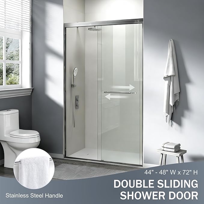 44-48 in. W x 72 in. H Double Sliding Shower Door, Semi-Frameless Bypass Bathroom Sliding Door with 1/4" (6mm) Tempered Glass for Walk-in Shower, Brushed Nickel