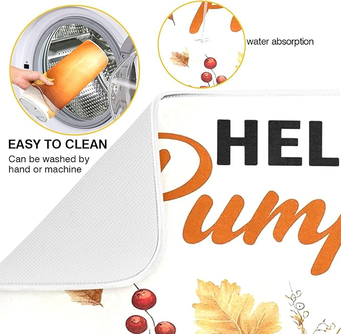 Hello Pumpkin Dish Drying Mat for Kitchen Countertop 16x18 Fall Harvest Leaves Berry White Small Drying Mat Reusable Quick Dry Dish Sink Mats Easy Clean Decorative Essentials