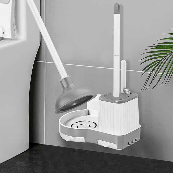 Toilet Brush and Plunger Set, 3 in 1 Toilet Bowl Brush and Holder with Crevice Cleaning Brush Wall Mounted Household Bathroom Cleaning Tools Combo(White-Gray)