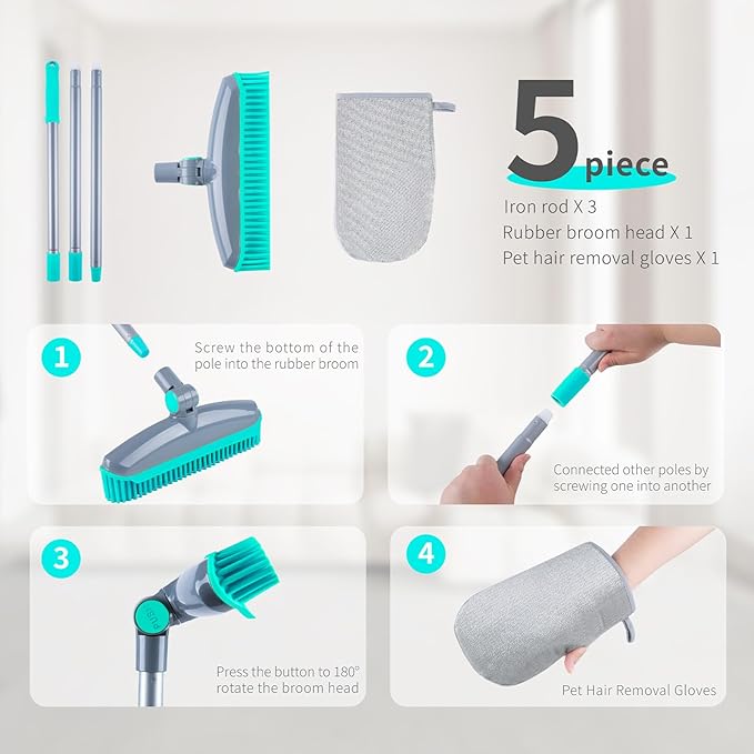 180°Rotating Rubber Broom with Squeegee for Pet Hair Removal - 50" Iron Handle Fur Remover Rake Brush for Carpet, Hardwood & Tile Floors, Includes Pet Hair Removal Gloves (Blue)