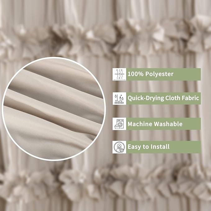 Camel Ruffle Shower Curtain, Vintage Handcrafted Bow Tie Ruched Microfiber Bath Curtain for Master Bathroom with 12 Buttonholes, 72" W x 72" H (LQ-10)