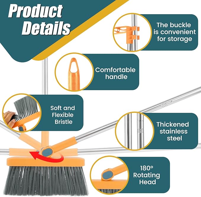 Broom and Dustpan Set for Home, 180° Rotating Broom Combo, Foldable Stand Dust Pans, Long Handle Broom and Dustpan Combo Set with Comb Teeth for Cleaning Kitchen Room Office Lobby Floor (Orange)