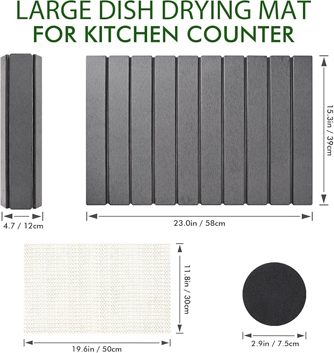 Stone Dish Drying Mat for Kitchen Counter,Large Dark Gray Foldable Diatomaceous Earth Dish Drying Mat,Quick-Dry Absorbent Bath & Countertop Stone Dishes Mats for Dishes Bottles Cups 23"x15.3"