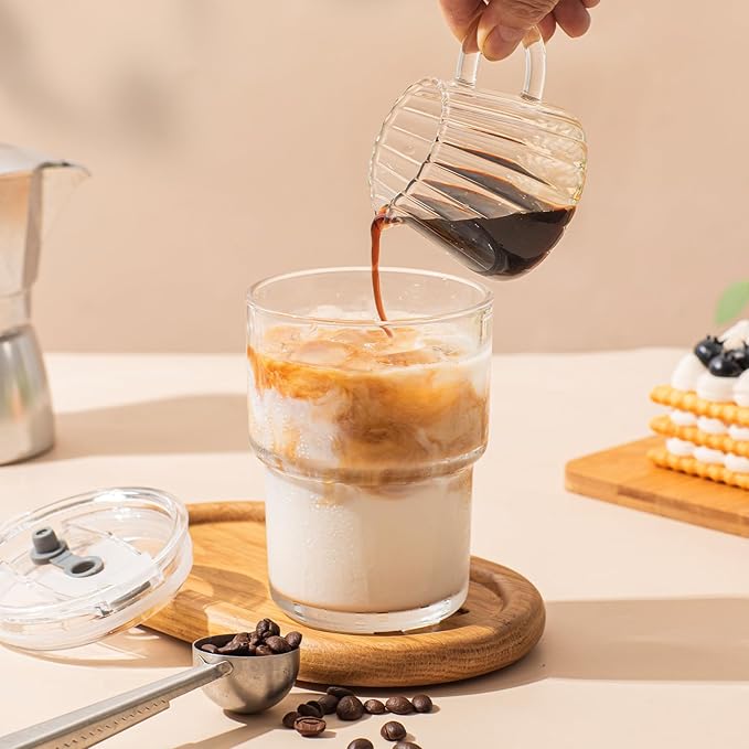 13oz Glass Tumbler with Lid and Glass Straw Set of 2 – Thick-Walled Iced Coffee Cup, Reusable Clear Glass Cups for Water, Iced Tea, Coffee, Juice, Perfect for On-the-Go & Daily Use