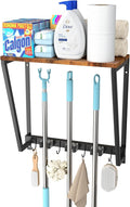Broom Holder Wall Mount, Heavy Duty Broom & Mop Organizer Wall Hanging for Laundry Room Organization, Garage Storage & Home Improvement, Multi-Layer Iron & Wood Shelving with Hooks
