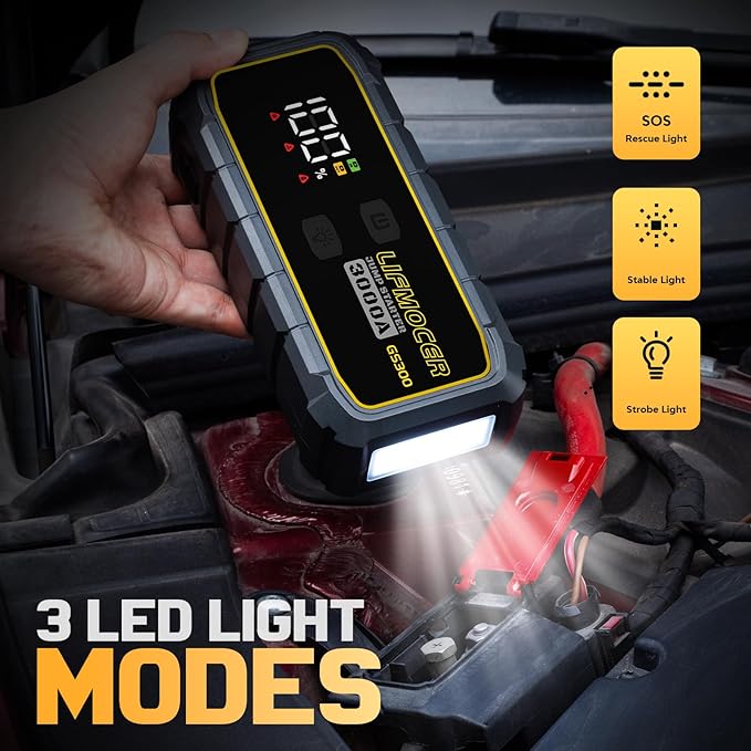 GS300 Portable Jump Starter - 3000A Car Battery Jump Starter for Up to 10.0L Gas and 8.0L Diesel Engines,59.2WH 12V Jump Box with Storage Case USB Quick Charge,LCD Display for Motorcycle,Trucks
