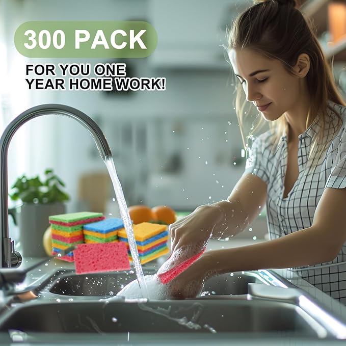 Zhengmy 300 Pieces Sponges Kitchen Compressed Sponges Bulk Natural Dish Sponge Compressed Wood Pulp Cleaning Sponge Without Scratching for Kitchen Bathroom, 3.9 x 2.4 x 0.12 Inch (Multicolor)