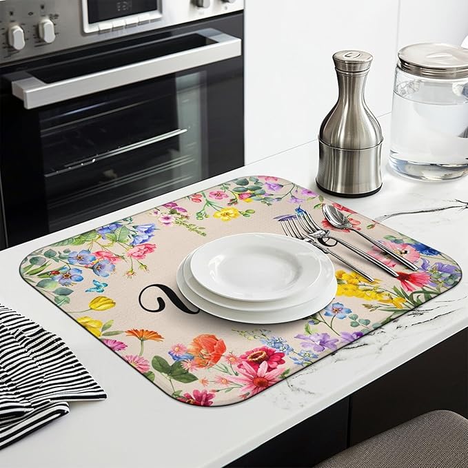 Dish Drying Mat Drainer Pads - Extra Large Microfiber Drying Mats for Dishes Spring Summer Flower Kitchen Counter Super Absorbent Pads for Draining Racks (18"x24" )