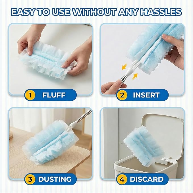 122 Count Heavy Duty Duster Refills with 2 Pack Extendable Handle, Disposable Duster Refills for Ceiling Fans, Blinds & Sofa, Compatible with Most Handles