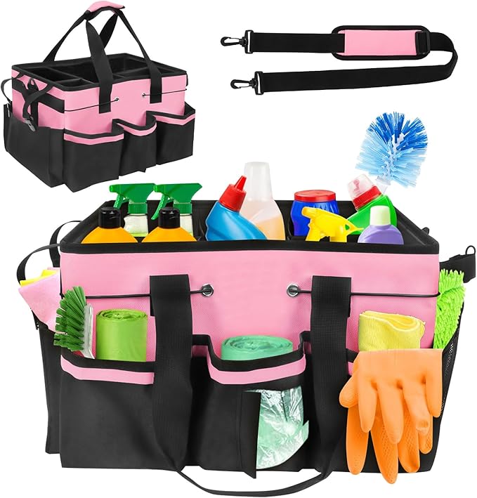 Wearable Cleaning Caddy Organizer with Handle & Shoulder Straps for Cleaners, 5 Compartments, Housekeeping Tote for Kitchen & Bathroom, Car Tool Caddy Organizer Bag (pink)