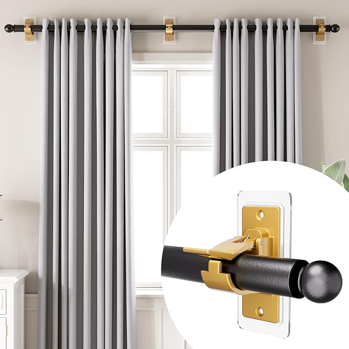 Antimbee 12PCS Self Adhesive Curtain Rod Bracket, No Drilling Curtain Rod Holders, 20lbs Load Capacity Golden Hangers for Dorm, Bathroom, Bedroom, Livingroom Decor
