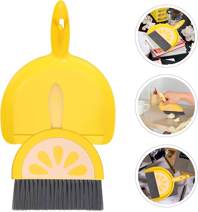 VOSAREA Small Dustpan and Brush Set, Lemon Mini Dustpan and Brush Whisk Broom and Dust Pan Set, Tiny Cleaning Broom Mini Hand Broom for Table, Desk, Keyboard Pet Nest