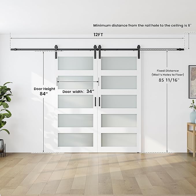 SmartStandard 68 x 84 in (Double 34×84 Door) Glass Barn Door with 12FT Sliding Hardware Kit & Handle, Pre-Drilled Ready to Assemble, Waterproof PVC Coating, 5-Panel Glass, White