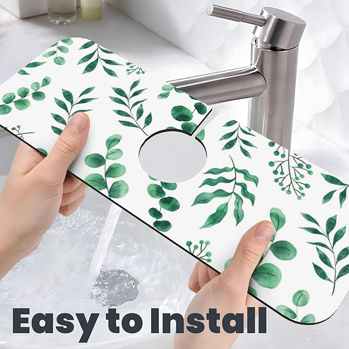 Watercolor Plant Green Leaves Dish Drying Mat for Kitchen Counter, 18"x24" Microfiber Absorbent Fast Dry Mat, 2Pcs Dish Mat Faucet Mats Sets, Large Drying Kitchen Mat Kitchen Drying Pad
