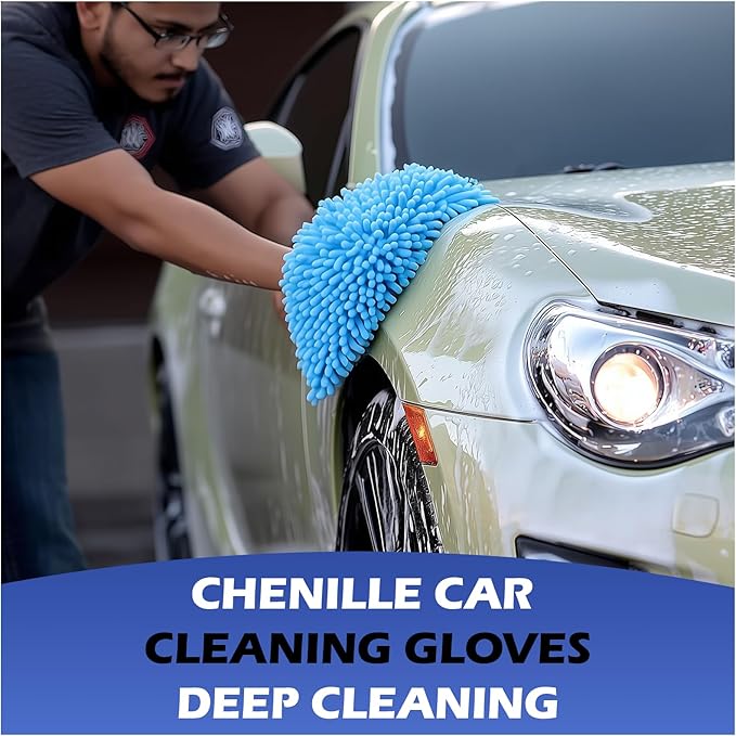 Car Wash Mitt Microfiber Gloves Chenille Material Microfiber Towels for Car Washing Supplies Kit Scratch Free Cleaning Fluorescent Green 2Pcs