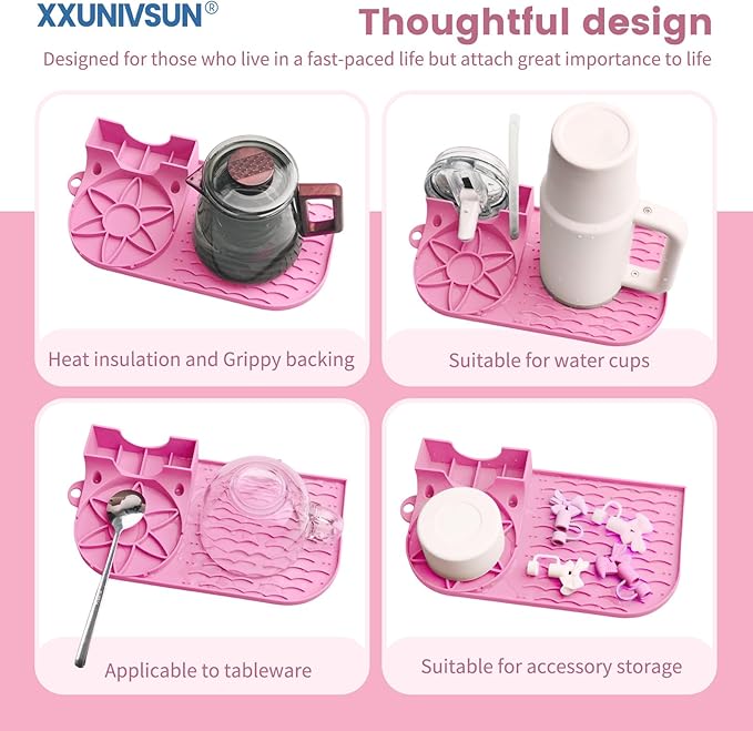 Bottle Drying Rack, Draining Mat for Stanley Tumblers20-40oz, Mugs, Wine Glasses, Compact Portable Cup Dryer Stand for Countertops, Office, RVs & Travel(Peony Pink)