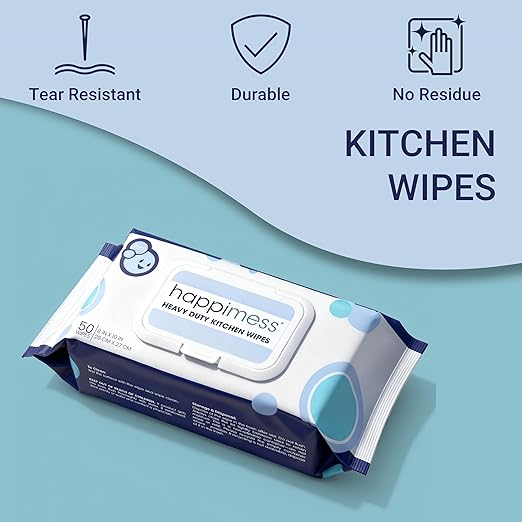 happimess WPE1003A Reusable Heavy Duty Kitchen Wipes, Strong & Durable Multi-Surface Cleaning Cloths for Counters, Stovetops & Grease, Streak-Free & Unscented, 50 Count, 8" x 10"