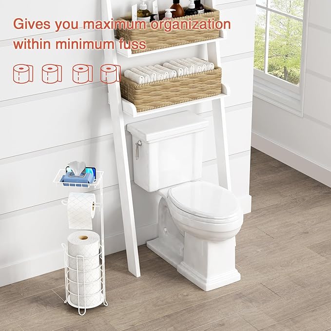 White Toilet Paper Holder Stand with Shelf, Free Standing Bathroom Tissue Holder for Large Mega Rolls, Metal Floor Toilet Paper Roll Holder with Wipes Storage and Phone Tray (White)